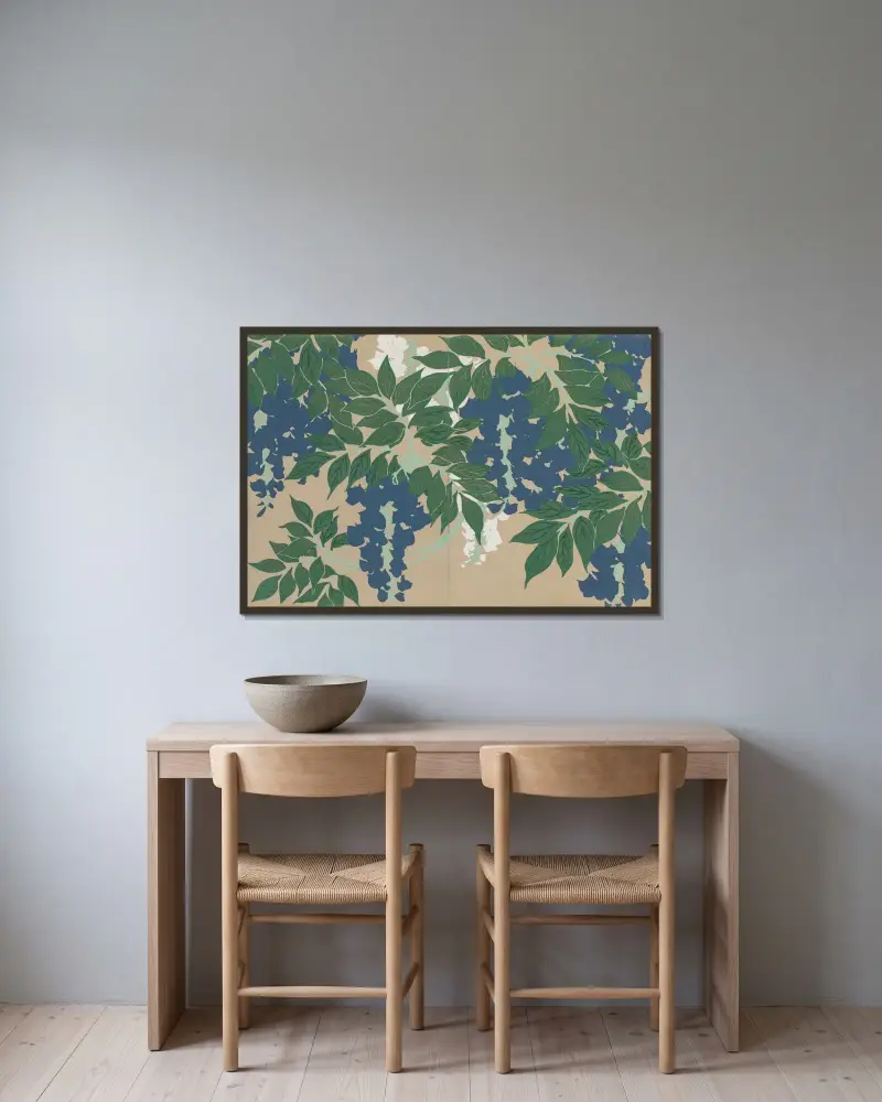 Wisteria (Fuji) av Kamisaka Sekka inramad på en vägg