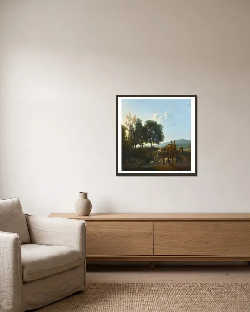 Landschaft mit Maultiertreiber von Karel Dujardin gerahmt an einer Wand