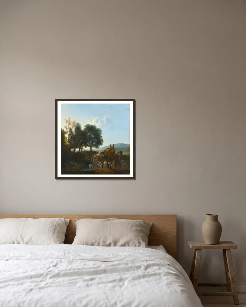 Landschaft mit Maultiertreiber von Karel Dujardin gerahmt an einer Wand