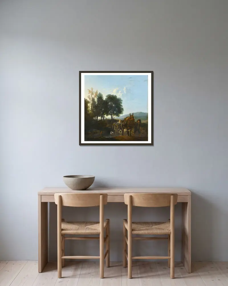 Landschaft mit Maultiertreiber von Karel Dujardin gerahmt an einer Wand