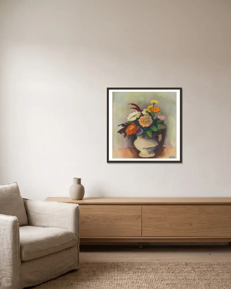 Zinnienstrauß in einer Vase von Karl Hofer gerahmt an einer Wand