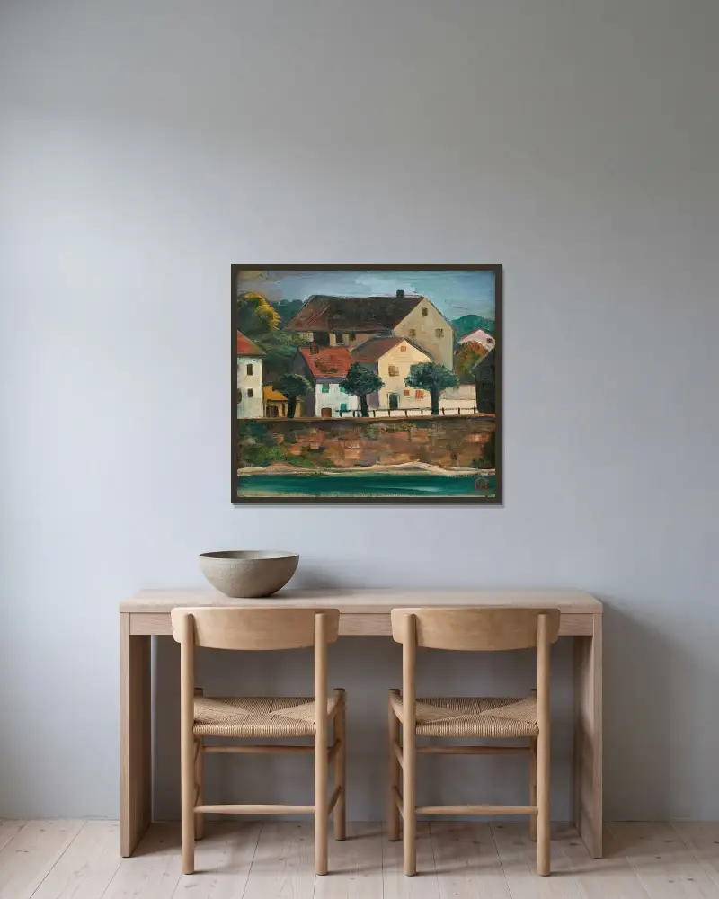 Hus vid Rhen av Karl Hofer inramad på en vägg