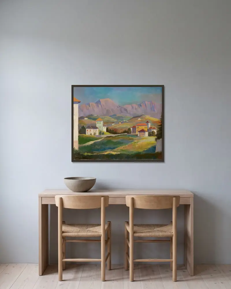 Landskap vid Lugano av Karl Hofer inramad på en vägg