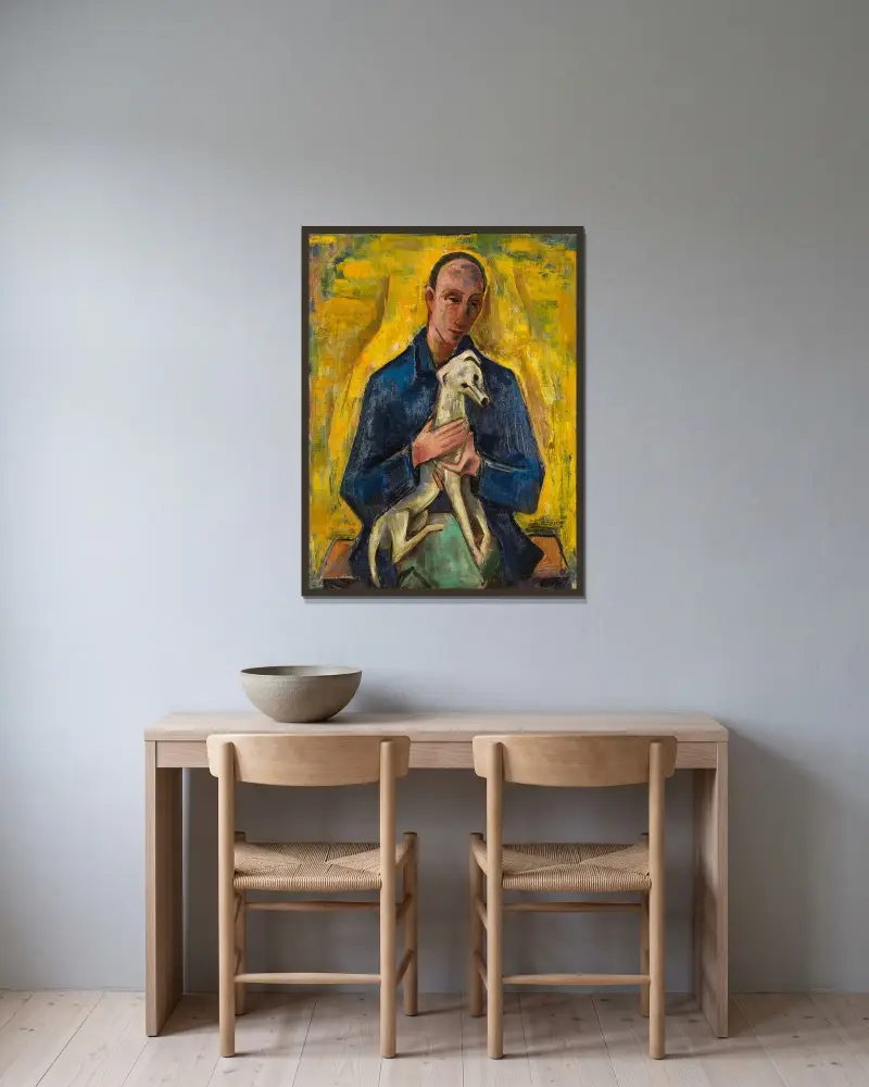 Man med hund av Karl Hofer inramad på en vägg