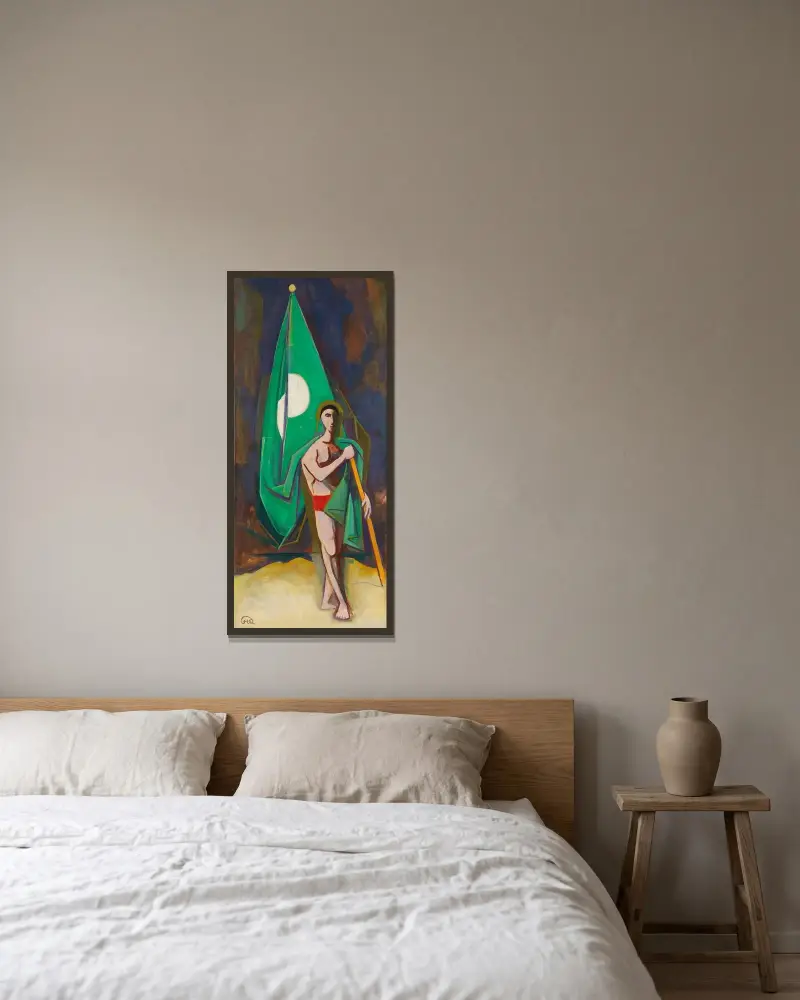 Man med grön flagga av Karl Hofer inramad på en vägg