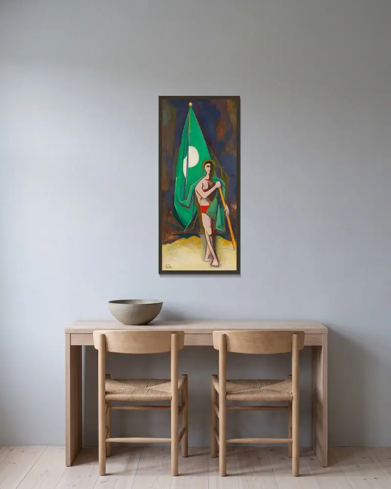 Man med grön flagga av Karl Hofer inramad på en vägg