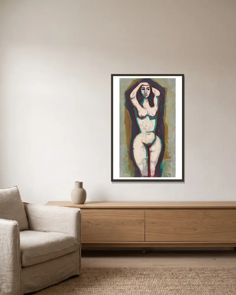 Nude with raised arms av Karl Hofer inramad på en vägg