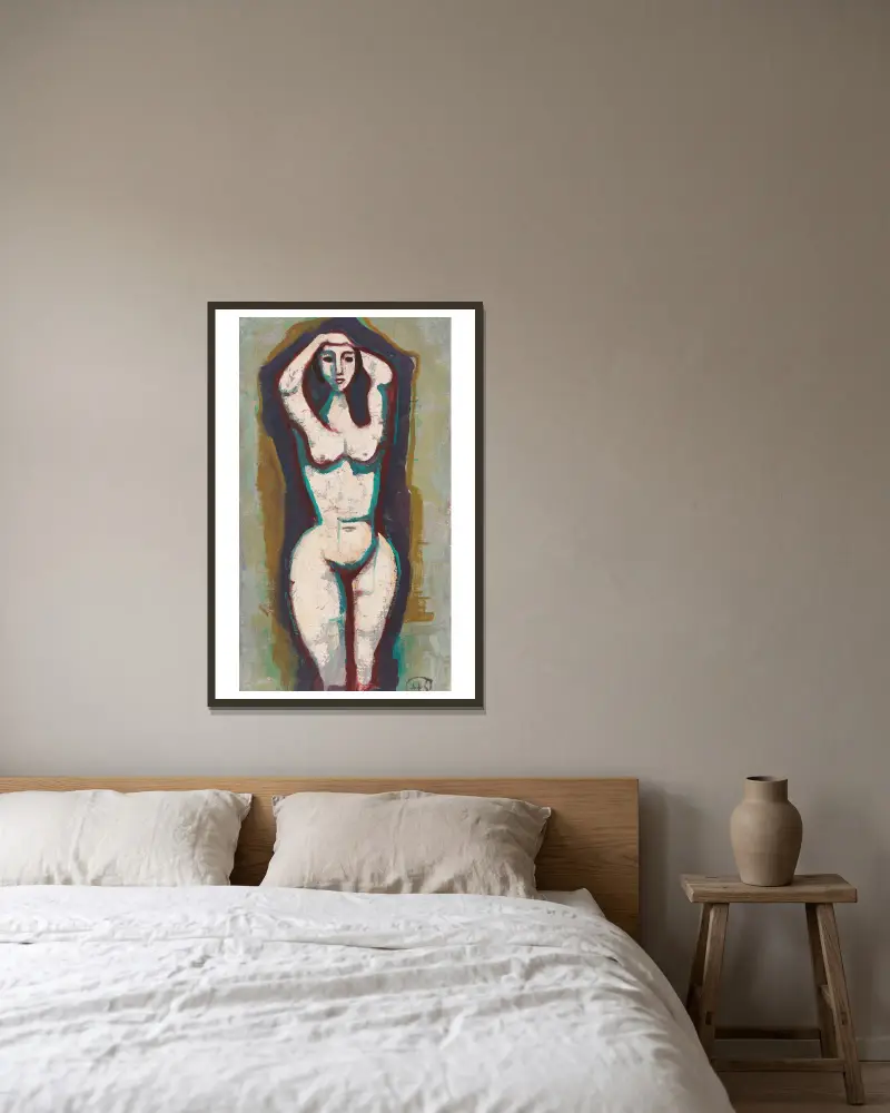 Nude with raised arms av Karl Hofer inramad på en vägg