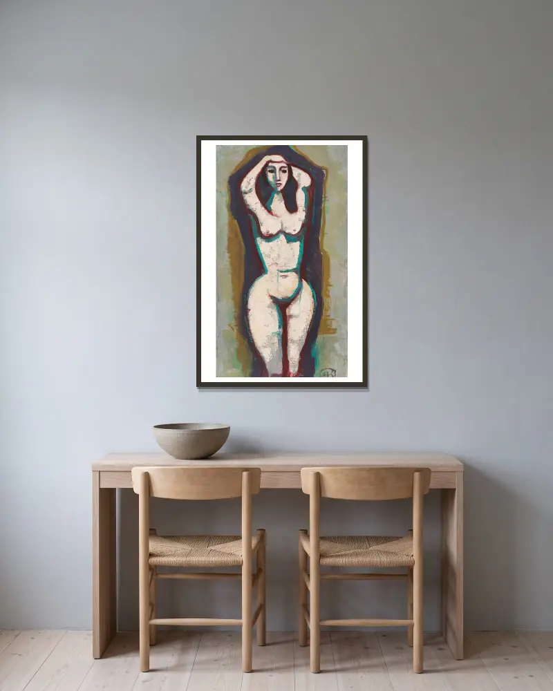 Nude with raised arms av Karl Hofer inramad på en vägg