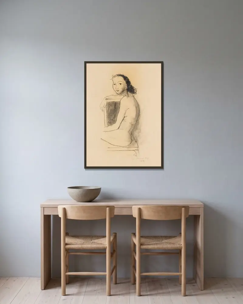 Ung flicka sittande på stol (nakenstudie) av Karl Hofer inramad på en vägg