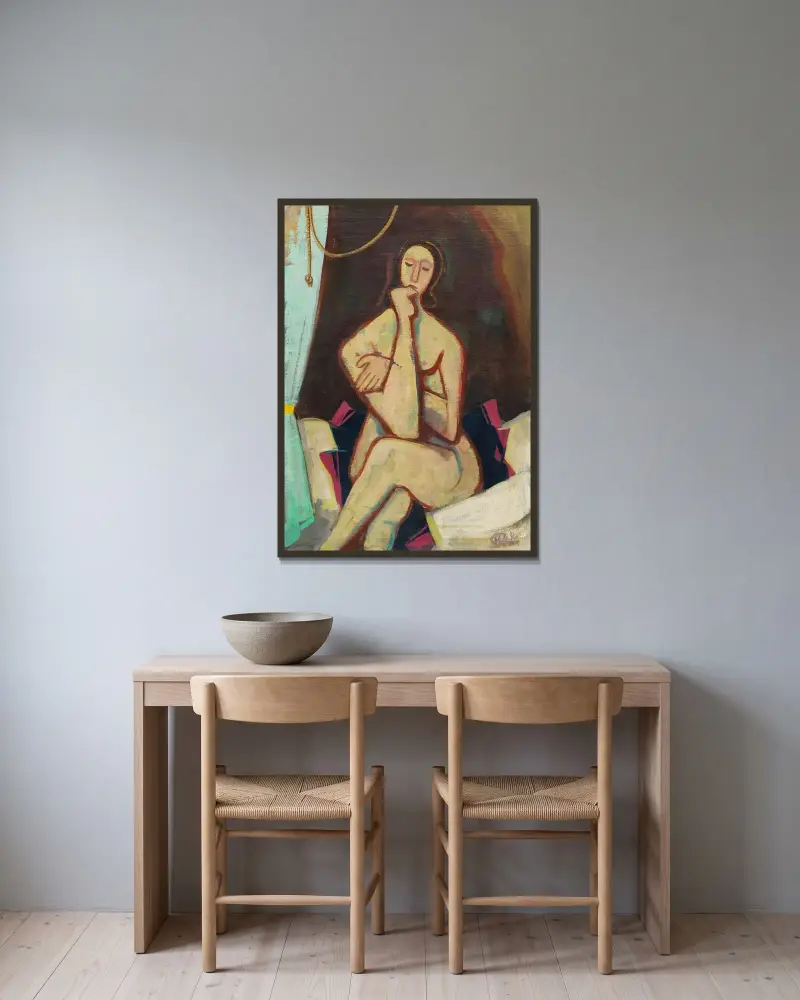 Sittande på sängen av Karl Hofer inramad på en vägg