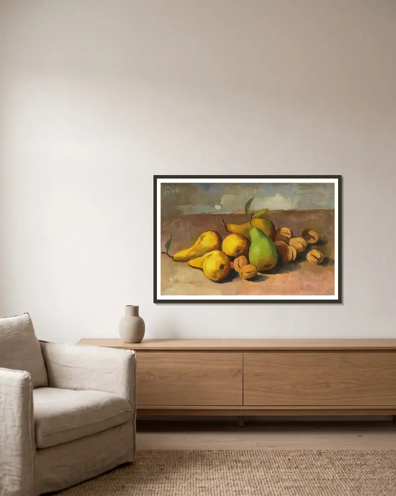 Still Life with Pears and Apricots av Karl Hofer inramad på en vägg