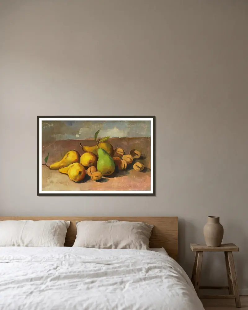 Still Life with Pears and Apricots av Karl Hofer inramad på en vägg