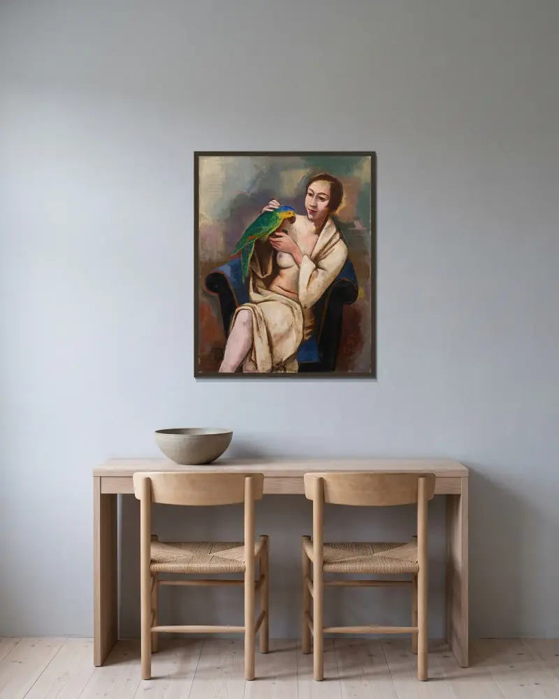 Kvinna med papegoja av Karl Hofer inramad på en vägg