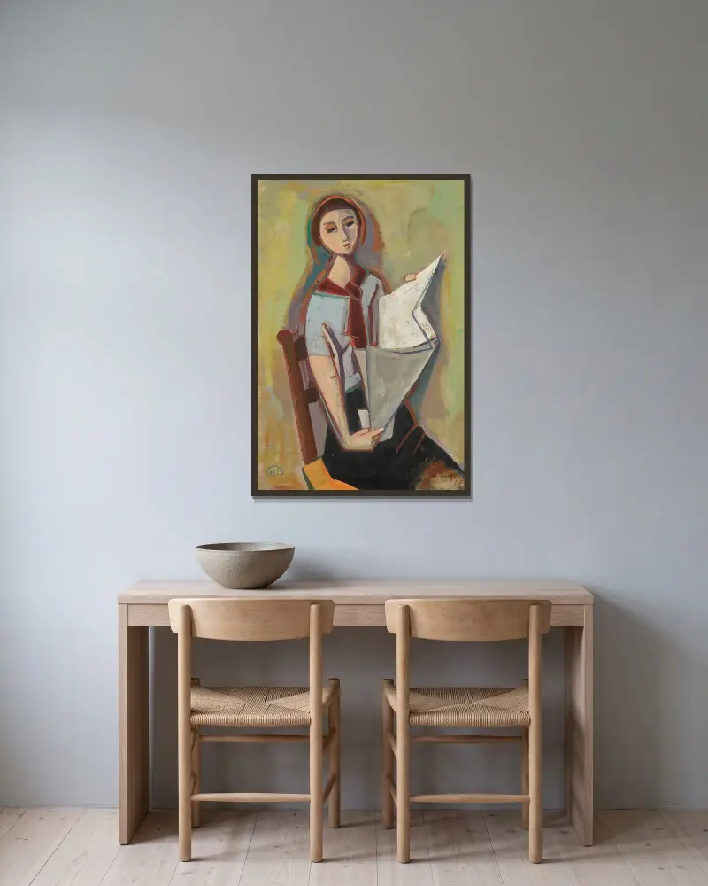 Zeitungslesende junge Frau (Young Woman Reading a Newspaper) av Karl Hofer inramad på en vägg