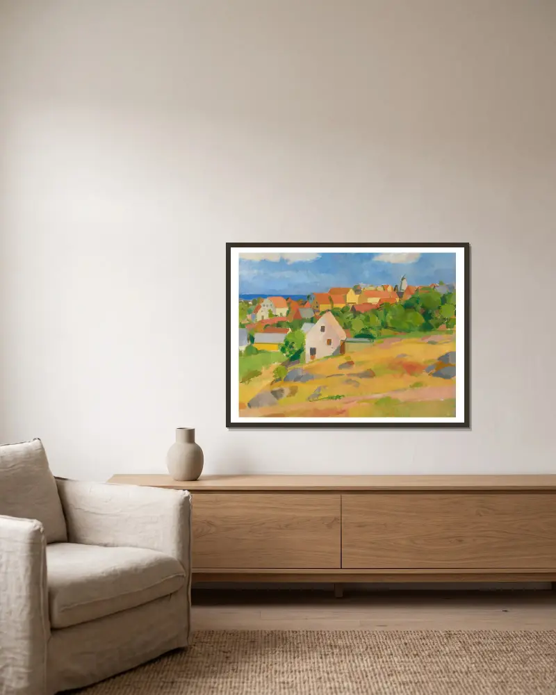 Blick über Gudhjem von Karl Isakson gerahmt an einer Wand