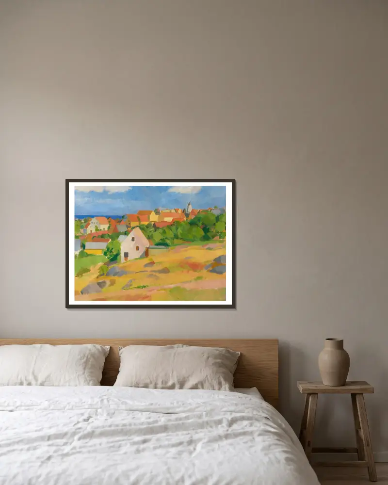 Blick über Gudhjem von Karl Isakson gerahmt an einer Wand