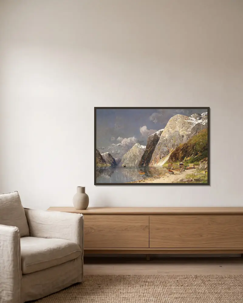 Grosse Fjordlandschaft av Karl Kaufmann inramad på en vägg