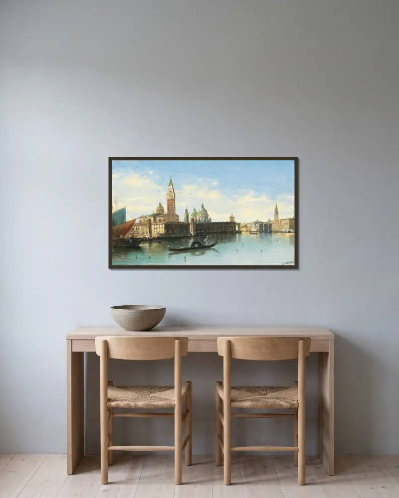 Veneziansk scen II av Karl Kaufmann inramad på en vägg