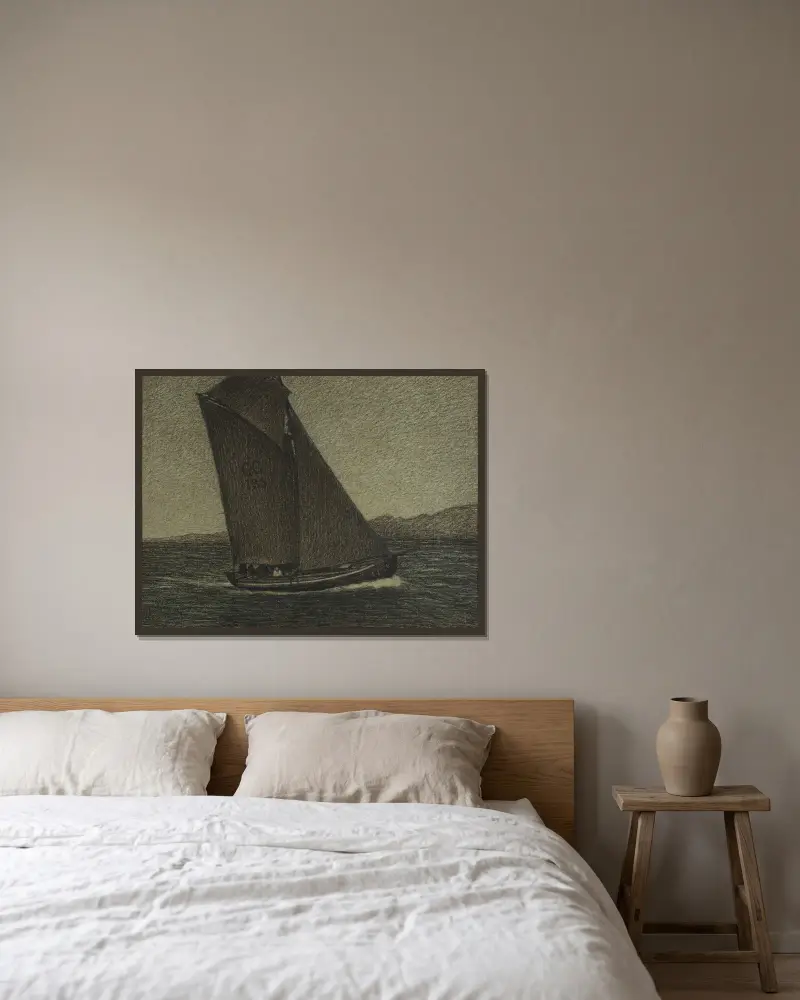 Fiskebåt som kryssar av Karl Nordström inramad på en vägg