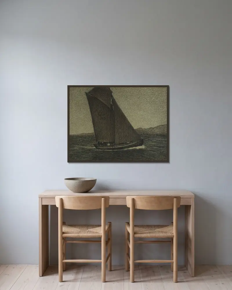 Fiskebåt som kryssar av Karl Nordström inramad på en vägg