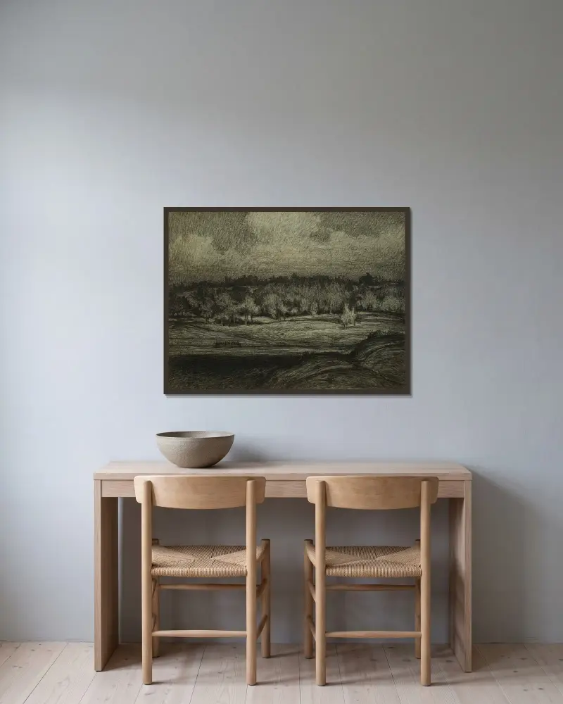 Landskap nära Stockholm av Karl Nordström inramad på en vägg