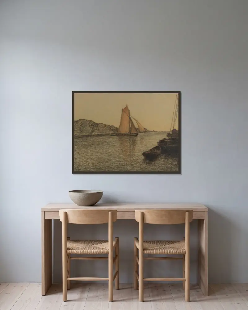 Seglare i sundet av Karl Nordström inramad på en vägg