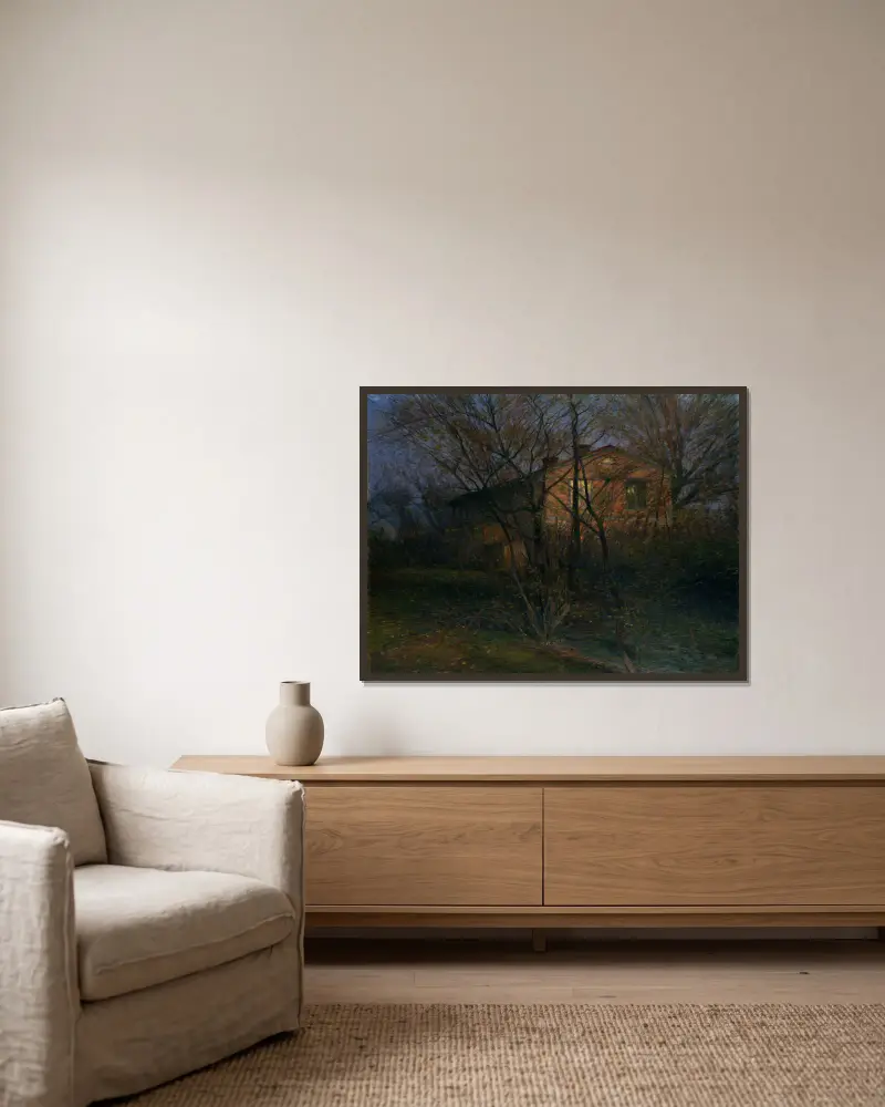 Det gula huset av Karl Nordström inramad på en vägg