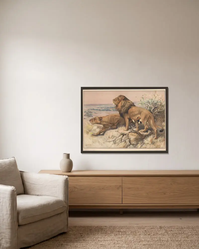 Löwe und Löwin von Karl Wagner gerahmt an einer Wand