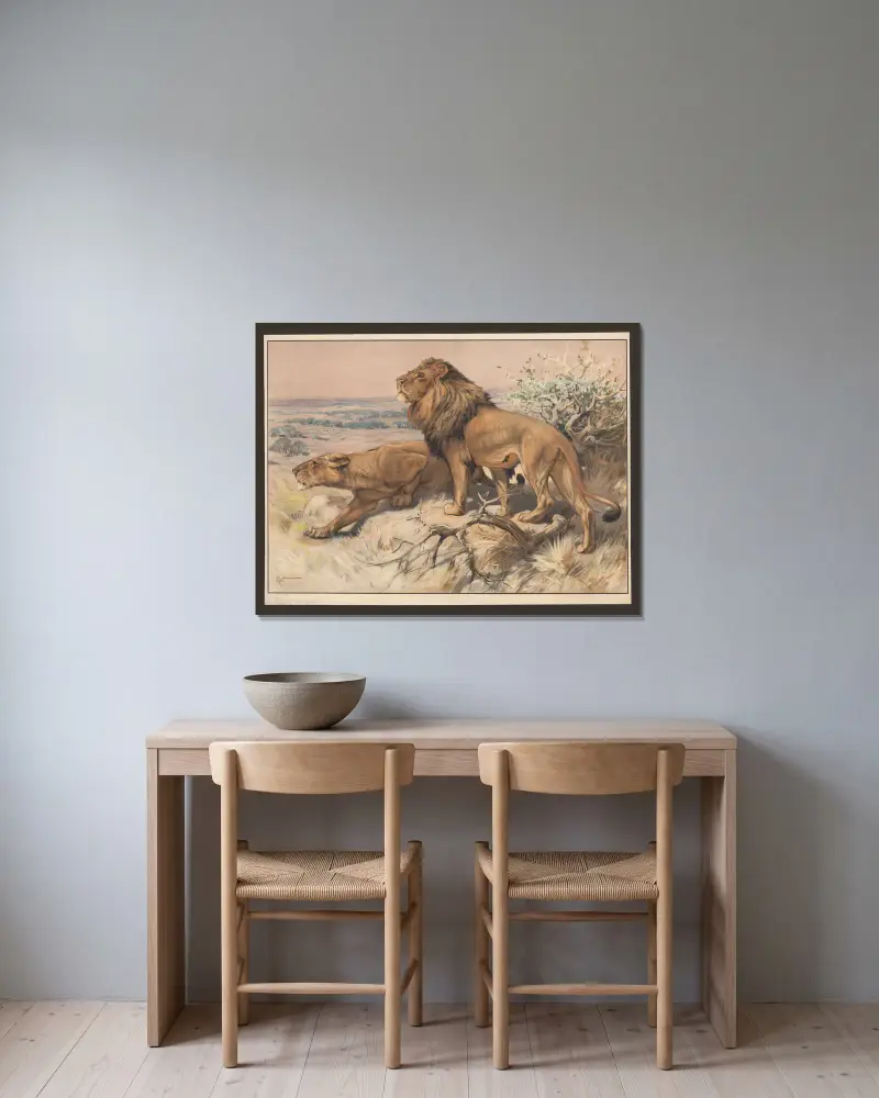 Löwe und Löwin von Karl Wagner gerahmt an einer Wand