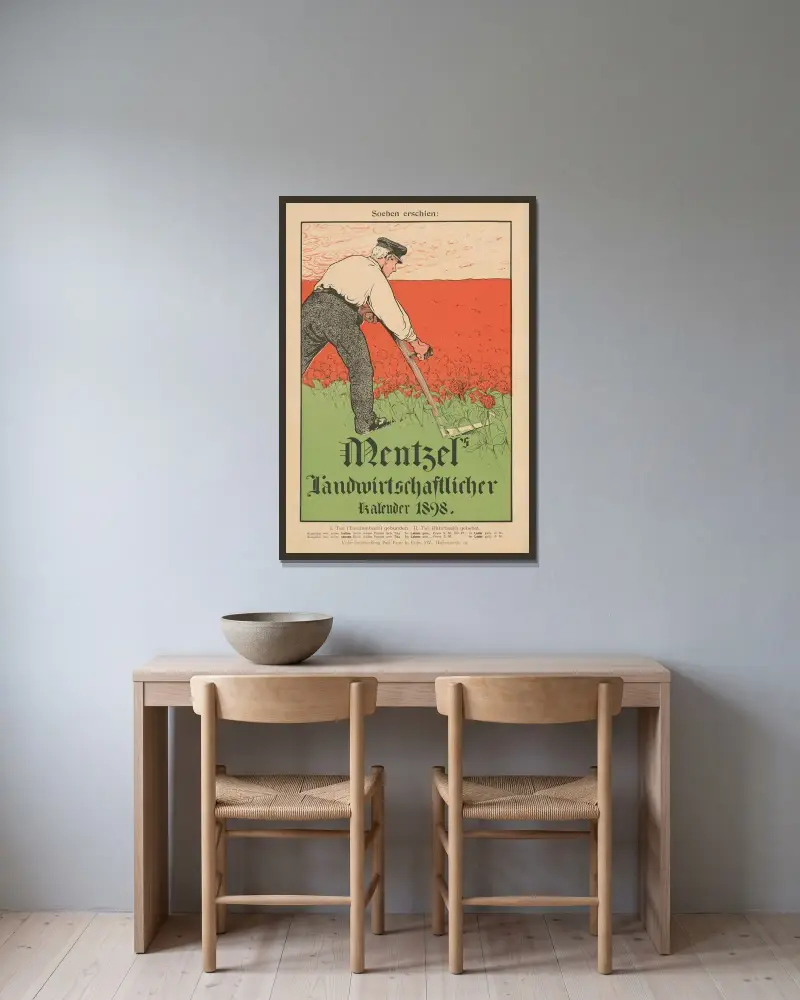 Just utkommen; Mentzels lantbrukskalender 1898 av Karl Wagner inramad på en vägg