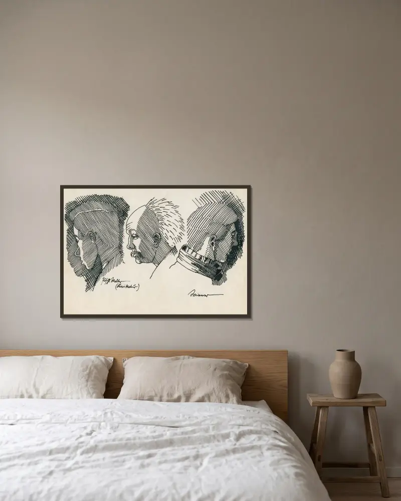 3 Porträts av Karl Wiener inramad på en vägg