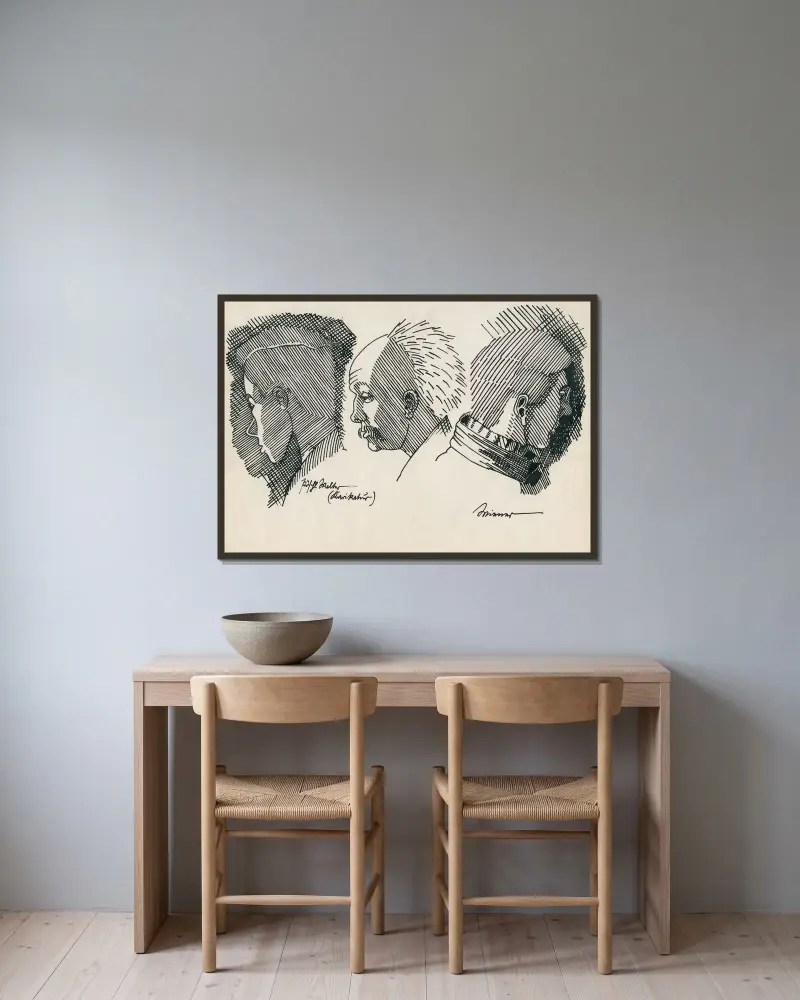3 Porträts av Karl Wiener inramad på en vägg