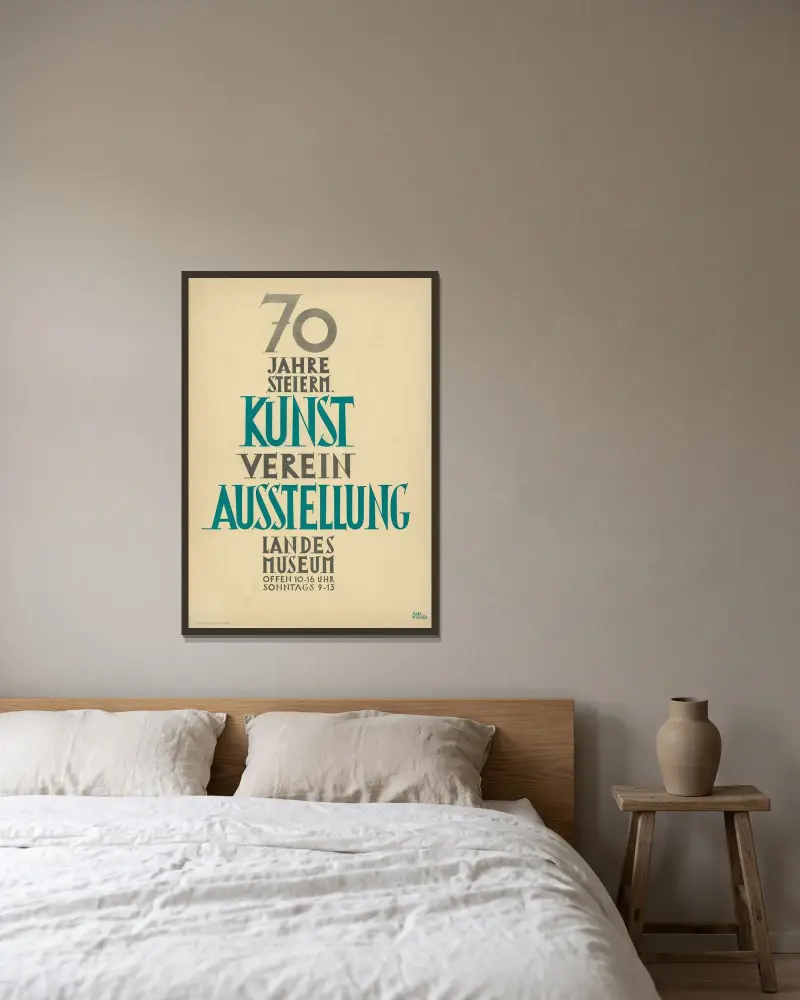 70 Jahre 7 Steierm. Kuns verein Ausstellung Landes Museum offen 10 – 16 Uhr Sonntags 9 – 13 von Karl Wiener gerahmt an einer Wand