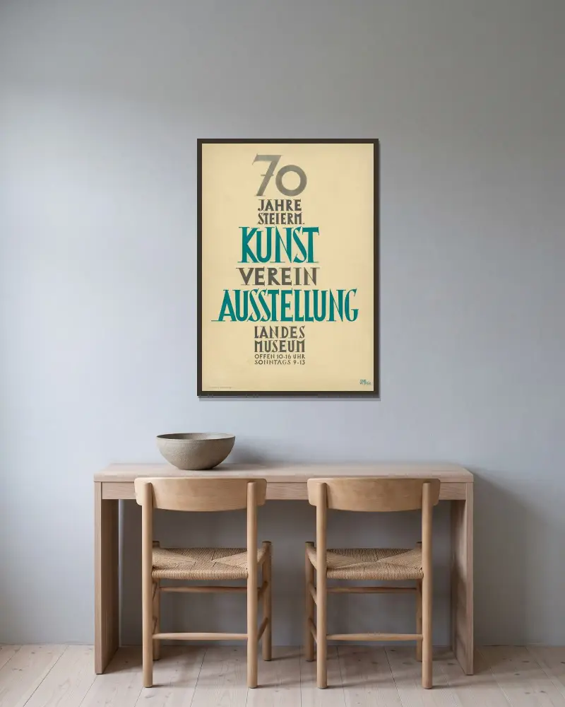 70 Jahre 7 Steierm. Kuns verein Ausstellung Landes Museum offen 10 – 16 Uhr Sonntags 9 – 13 von Karl Wiener gerahmt an einer Wand