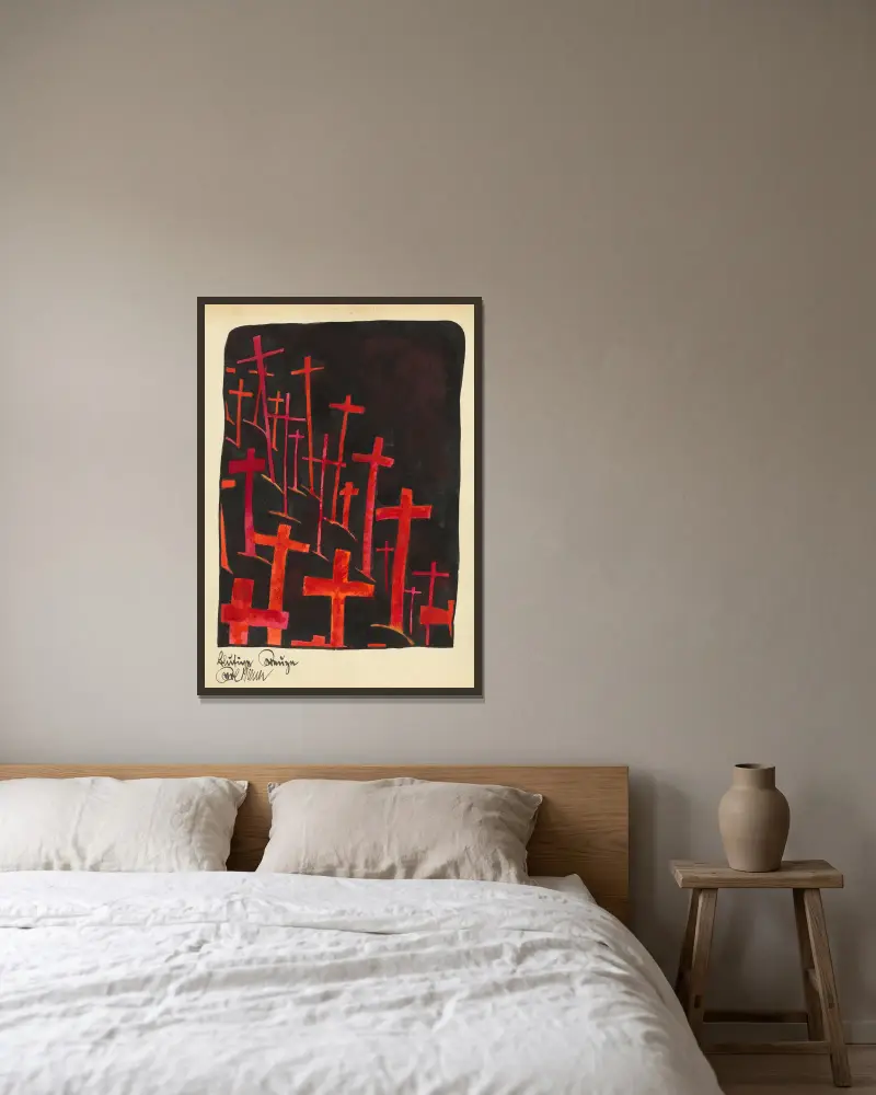 Blutige Kräuze von Karl Wiener gerahmt an einer Wand