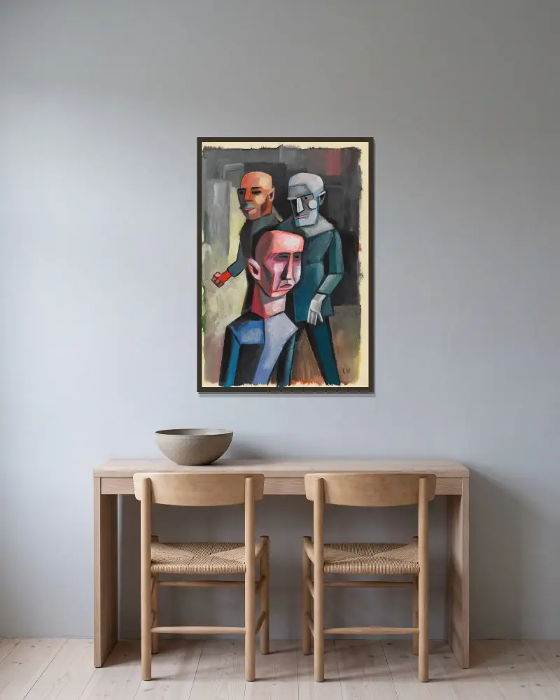 Tre män av Karl Wiener inramad på en vägg