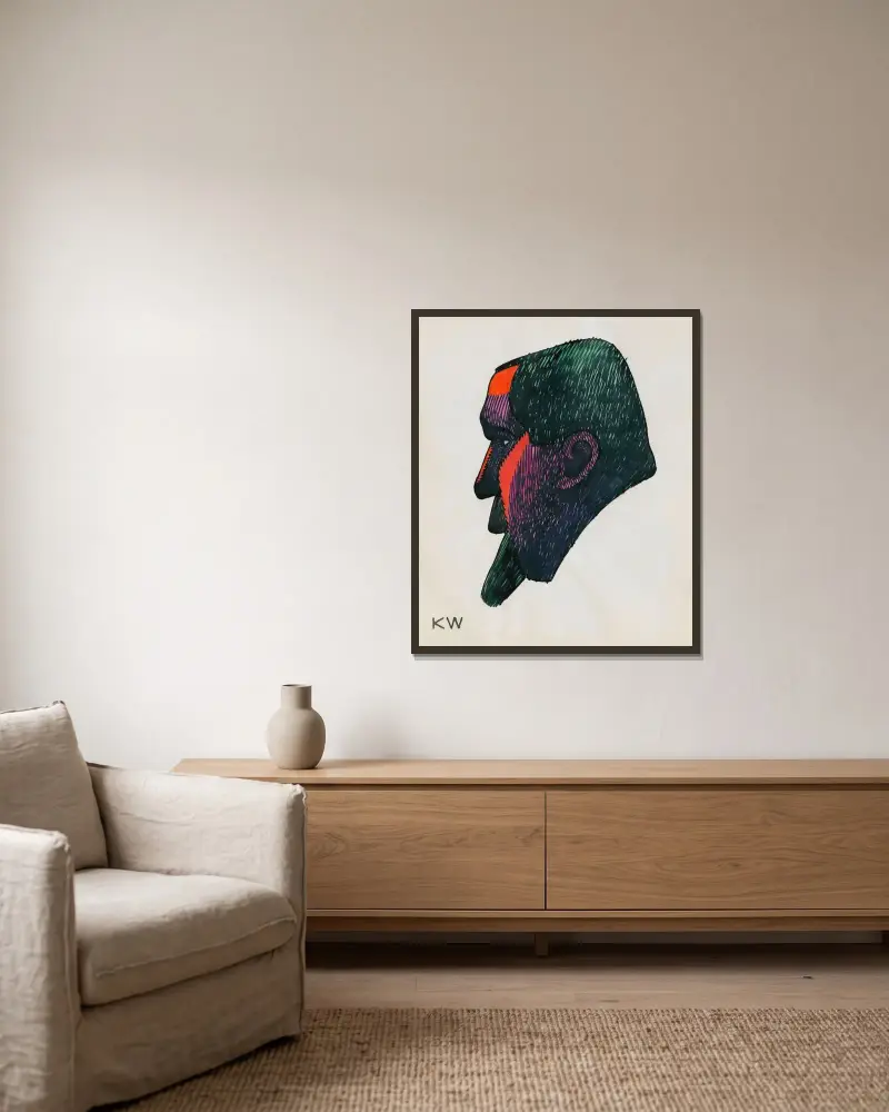 Huvudstudie, ur; 'Profil', 10 blad, Graz VIII av Karl Wiener inramad på en vägg