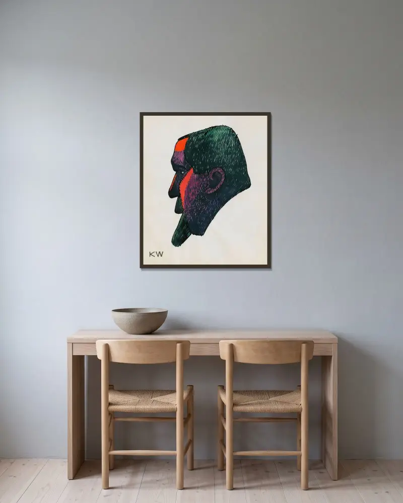 Huvudstudie, ur; 'Profil', 10 blad, Graz VIII av Karl Wiener inramad på en vägg