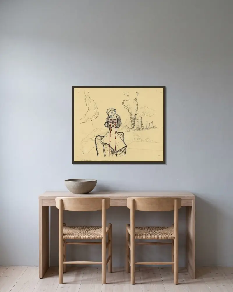 Krig av Karl Wiener inramad på en vägg