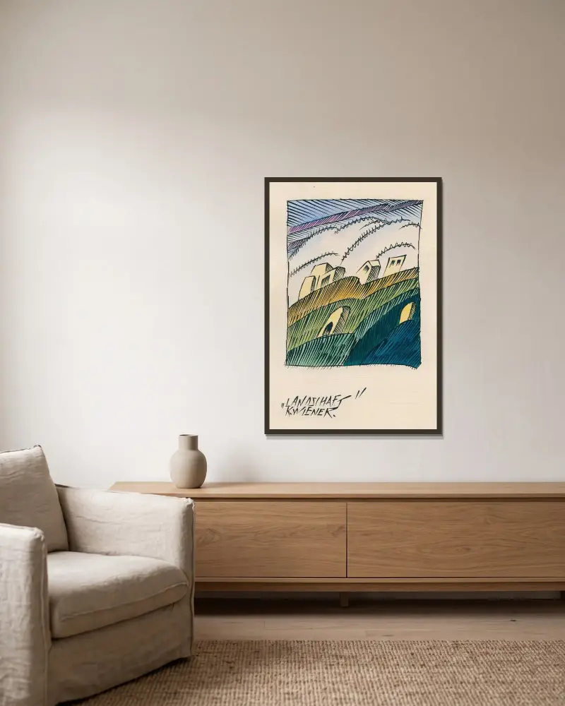 Landschaft av Karl Wiener inramad på en vägg