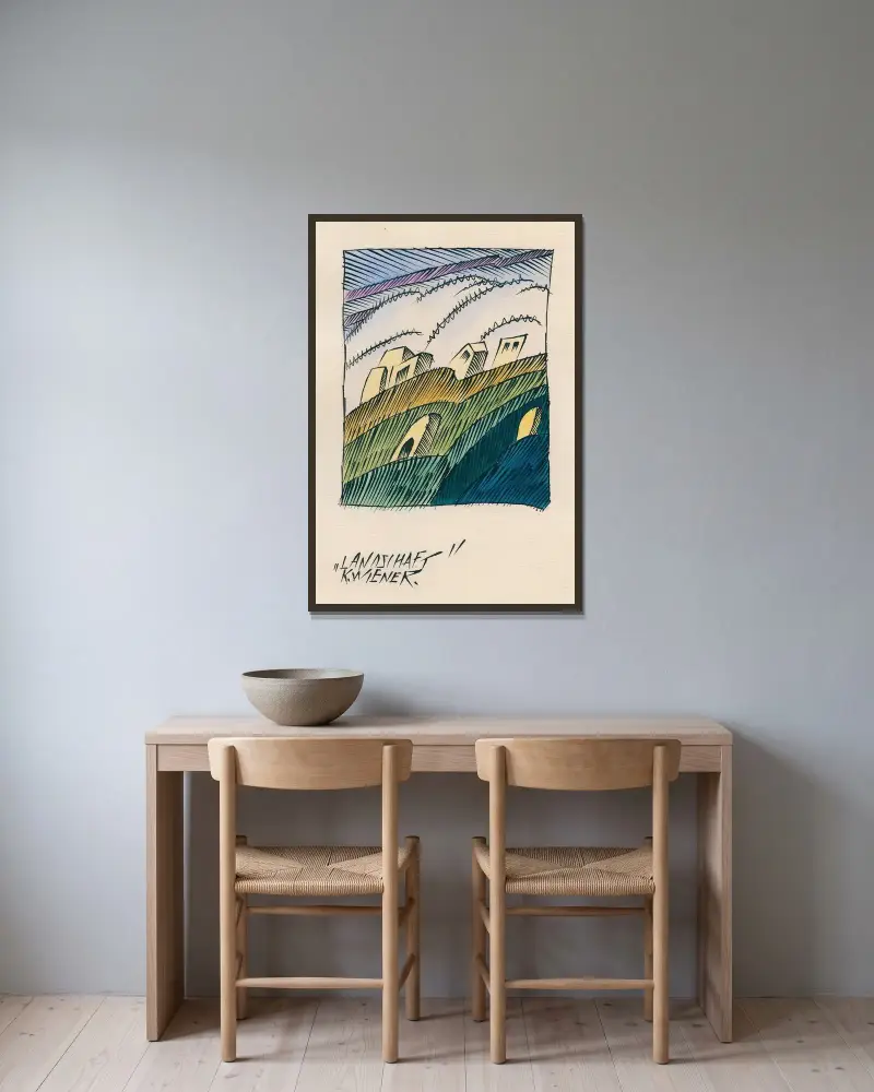 Landschaft av Karl Wiener inramad på en vägg