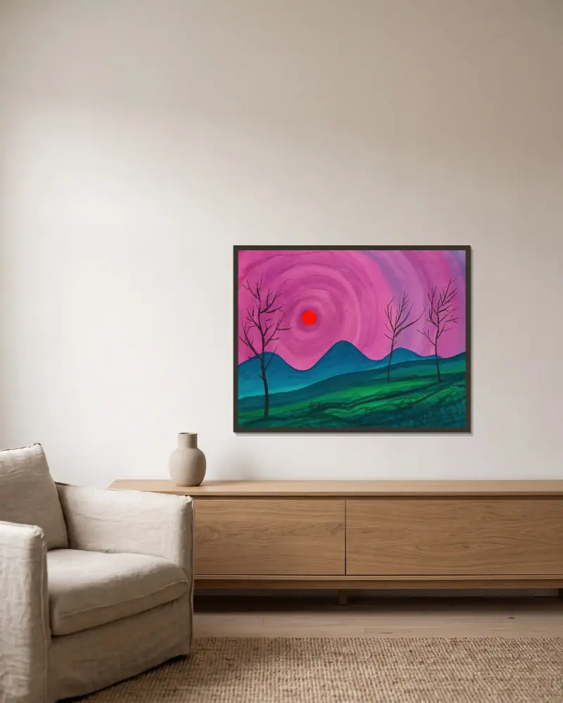 Landschaft av Karl Wiener inramad på en vägg