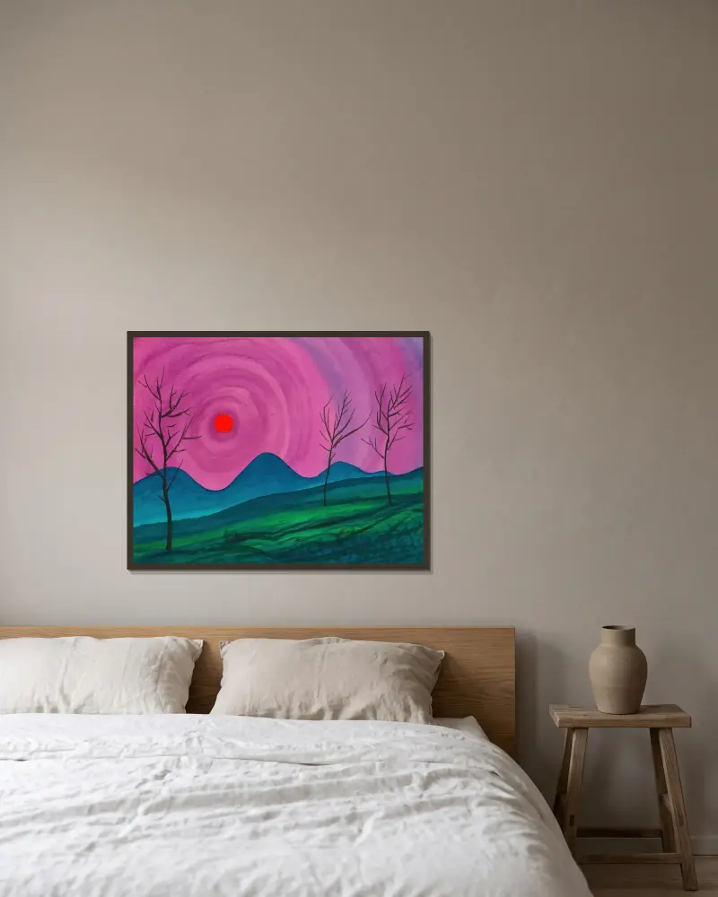 Landschaft av Karl Wiener inramad på en vägg