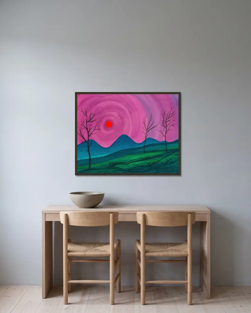 Landschaft av Karl Wiener inramad på en vägg