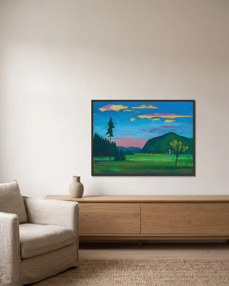 Landschaft III av Karl Wiener inramad på en vägg
