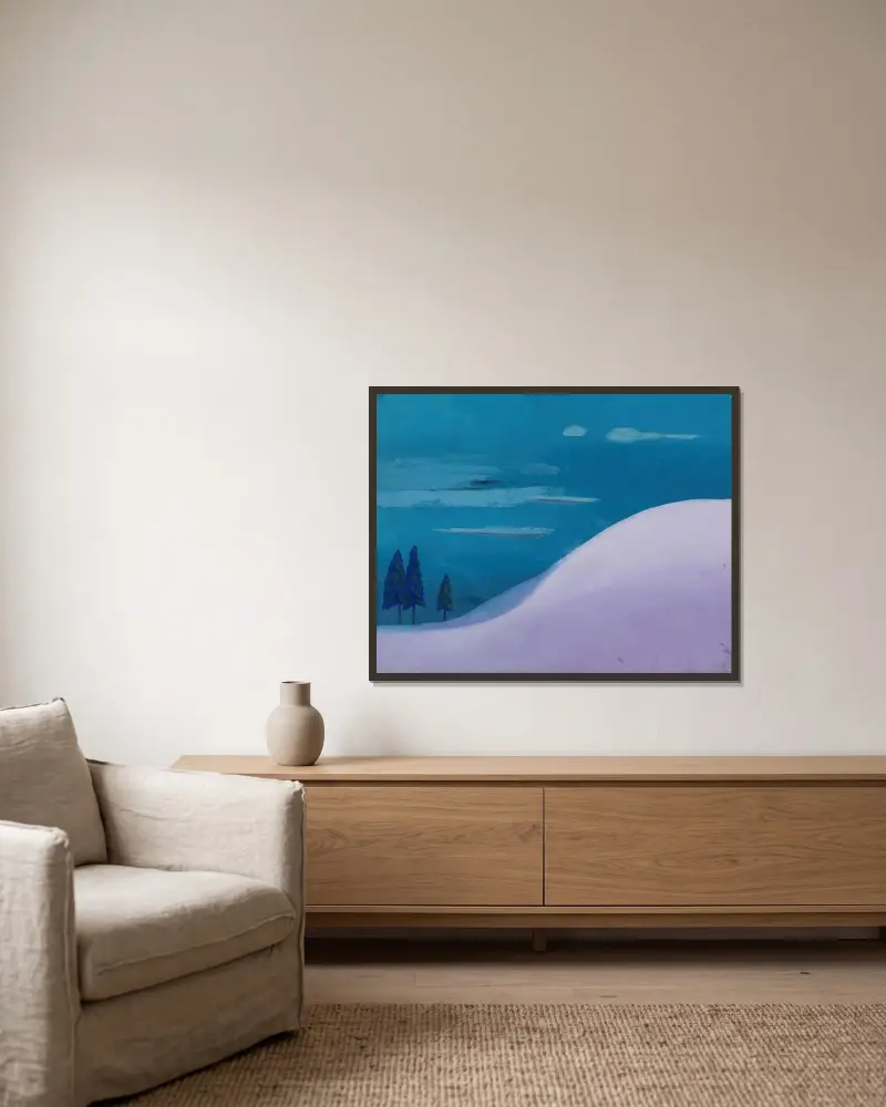 Landschaft in Blau-Lila av Karl Wiener inramad på en vägg