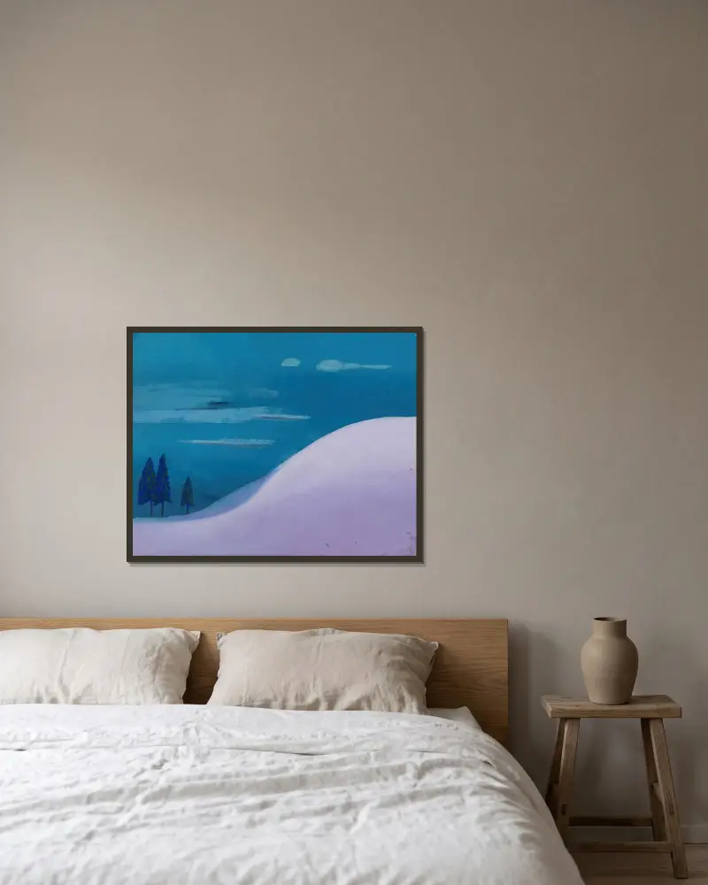 Landschaft in Blau-Lila av Karl Wiener inramad på en vägg