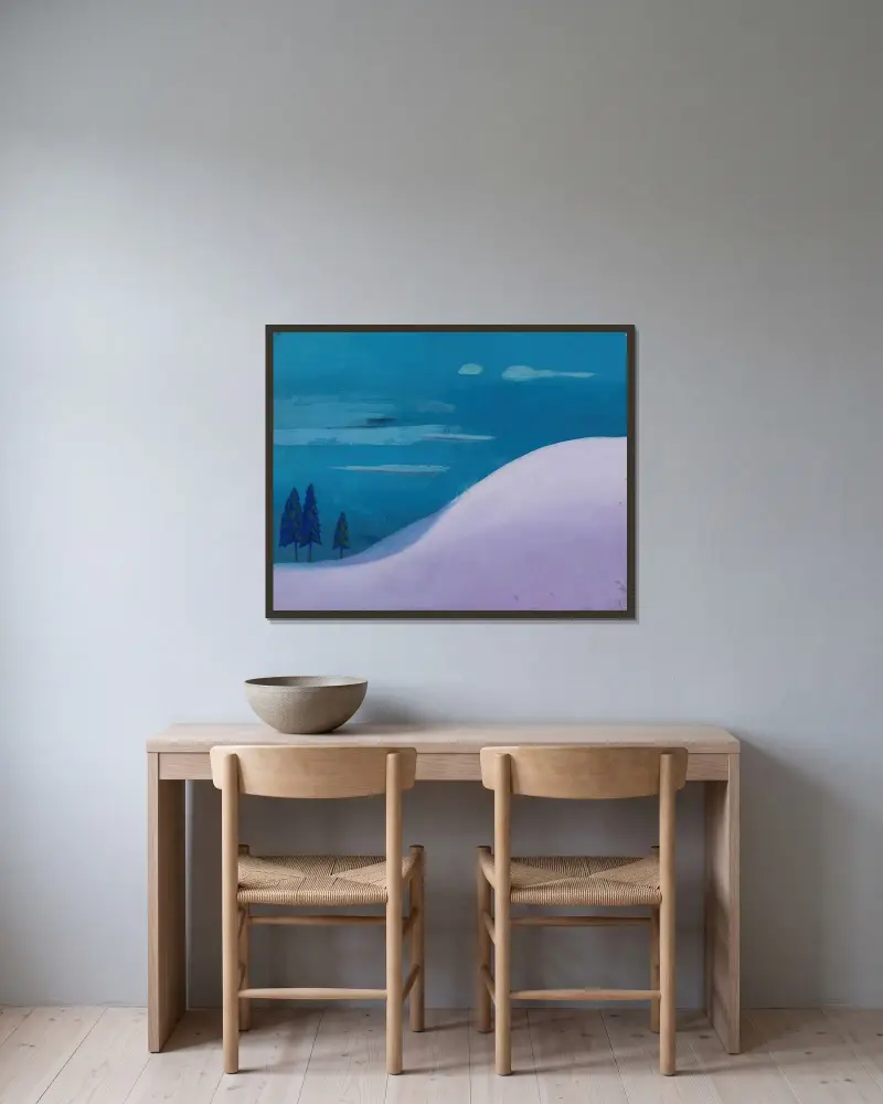 Landschaft in Blau-Lila av Karl Wiener inramad på en vägg