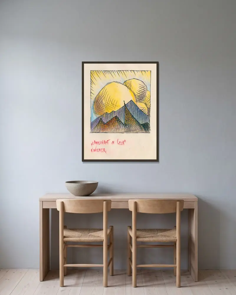 Landschaft in Gelb av Karl Wiener inramad på en vägg